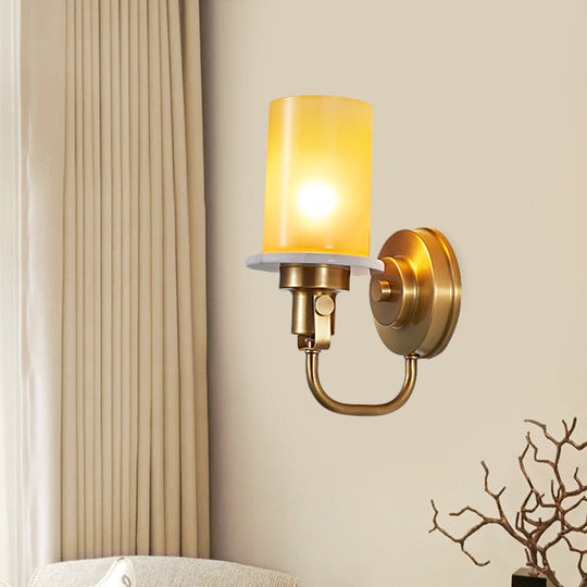 Colonial Brass Wall Sconce With Yellow Glass - Cylinder Style 1 Head