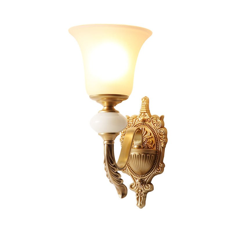 Traditional Opal Glass Sconce With Brass Mount - 1-Light Stairway Fixture