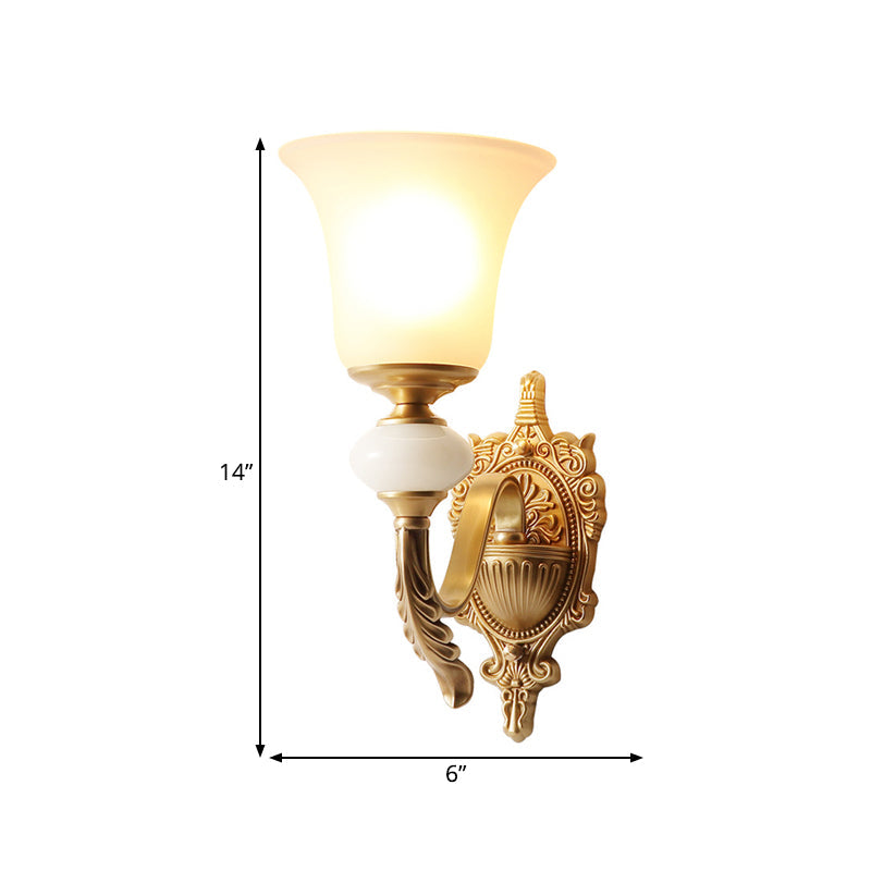 Traditional Opal Glass Sconce With Brass Mount - 1-Light Stairway Fixture