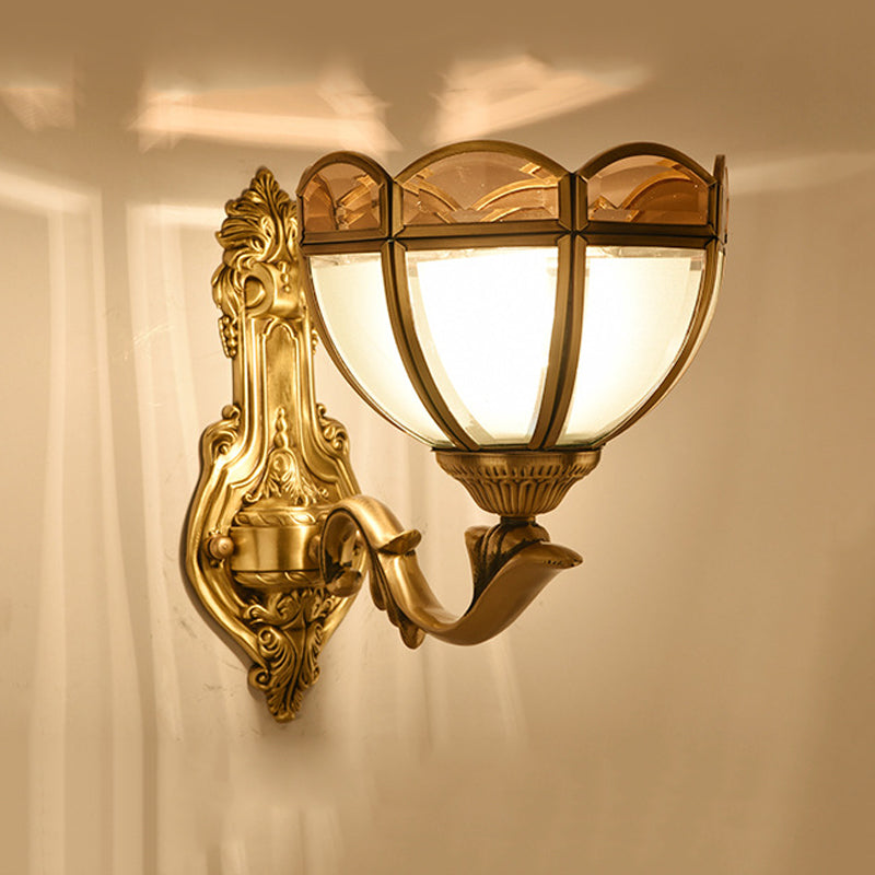 Translucent Glass Wall Mount Lamp - Colonial Style Bedside Sconce In Brass