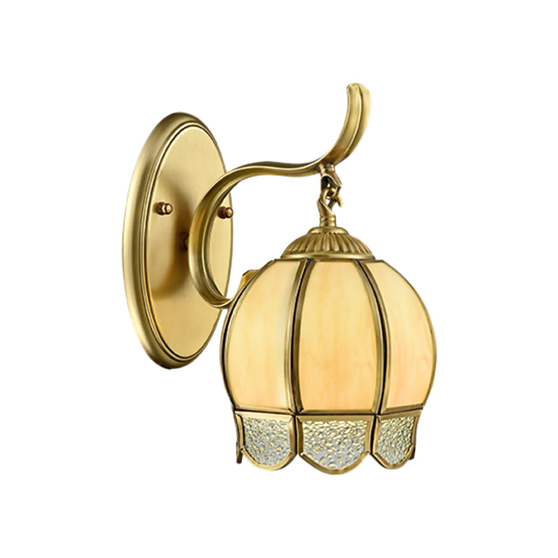 Traditional Tan Glass Brass Finish Sconce Light With Swirl Arm