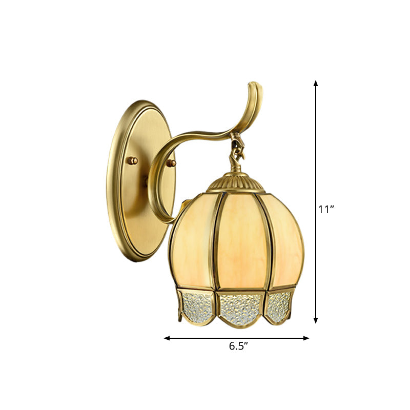 Traditional Tan Glass Brass Finish Sconce Light With Swirl Arm