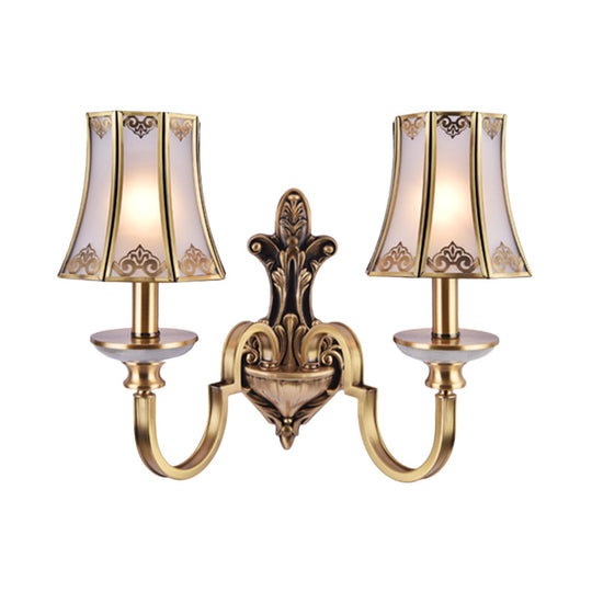 Colonial Style 1/2 Heads Flared Glass Wall Lamp In Brass - Lighting Fixture