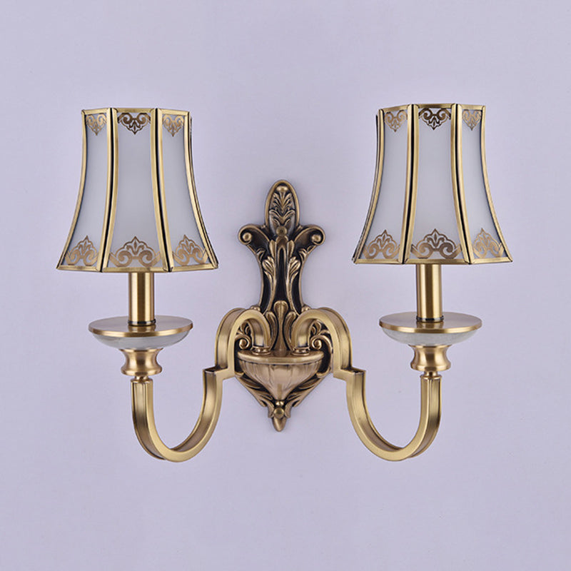 Colonial Style 1/2 Heads Flared Glass Wall Lamp In Brass - Lighting Fixture