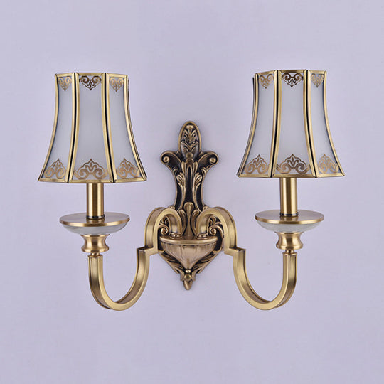 Colonial Style 1/2 Heads Flared Glass Wall Lamp In Brass - Lighting Fixture