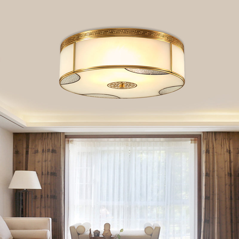 Traditional Brass Flush Mount Drum Ceiling Light With Frosted Glass - 14/18 Wide 3/4-Light Fixture