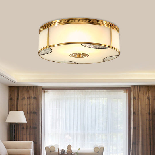Traditional Brass Flush Mount Drum Ceiling Light With Frosted Glass - 14’/18’ Wide 3/4 - Light