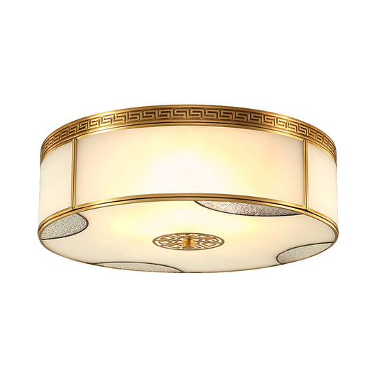 Traditional Brass Flush Mount Drum Ceiling Light With Frosted Glass - 14’/18’ Wide 3/4 - Light