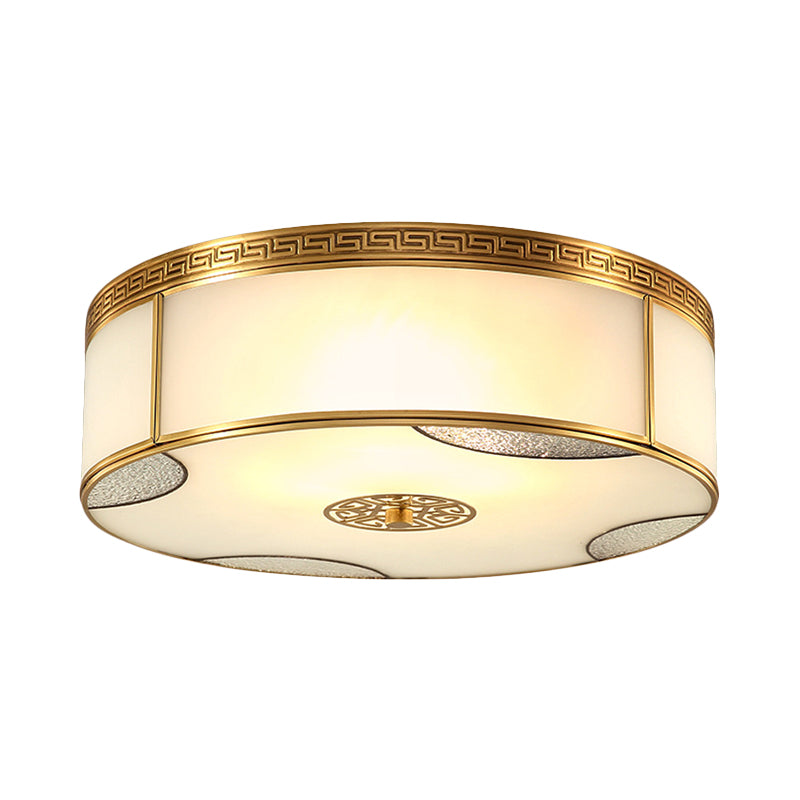 Traditional Brass Flush Mount Drum Ceiling Light With Frosted Glass - 14/18 Wide 3/4-Light Fixture