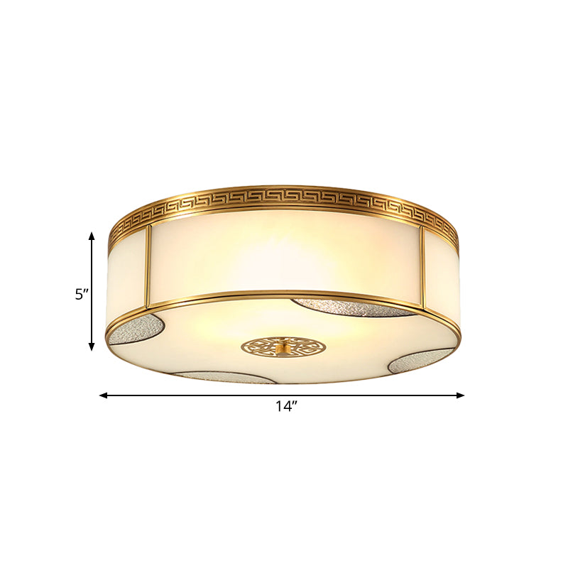 Traditional Brass Flush Mount Drum Ceiling Light With Frosted Glass - 14/18 Wide 3/4-Light Fixture