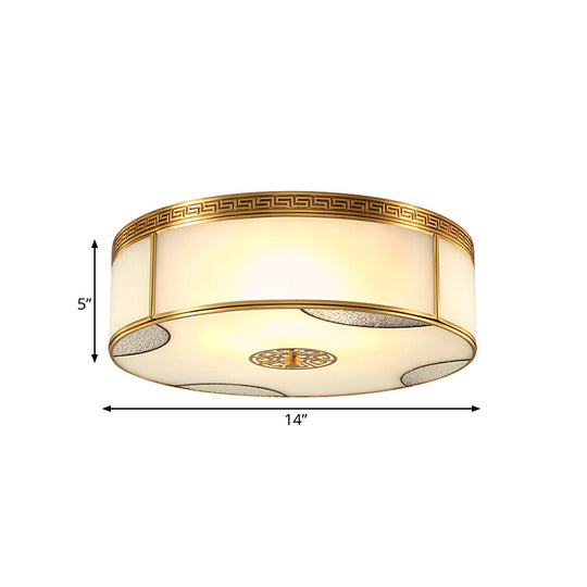 Traditional Brass Flush Mount Drum Ceiling Light With Frosted Glass - 14/18 Wide 3/4-Light Fixture