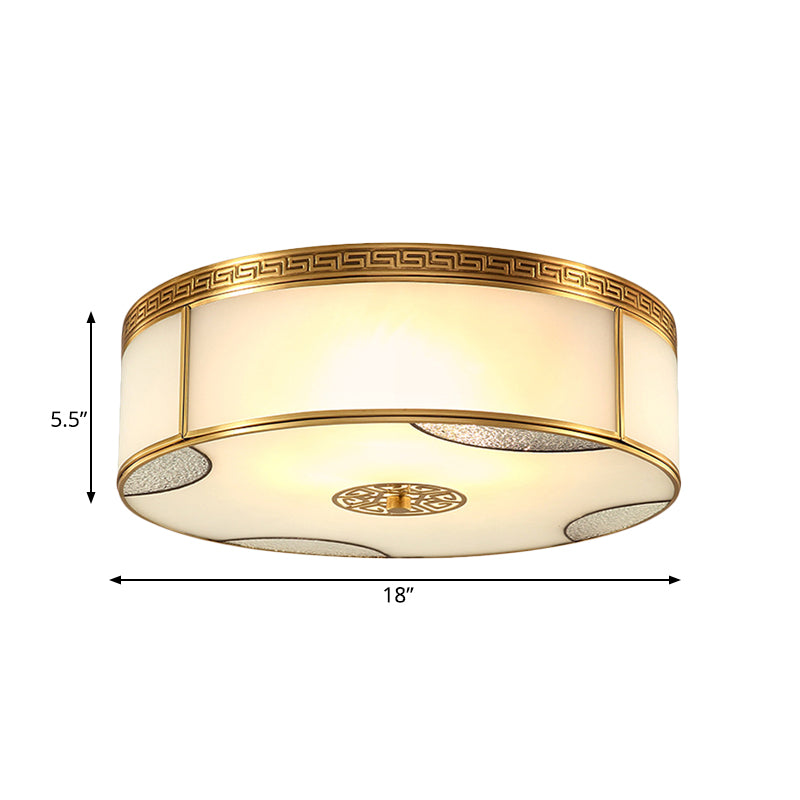 Traditional Brass Flush Mount Drum Ceiling Light With Frosted Glass - 14/18 Wide 3/4-Light Fixture