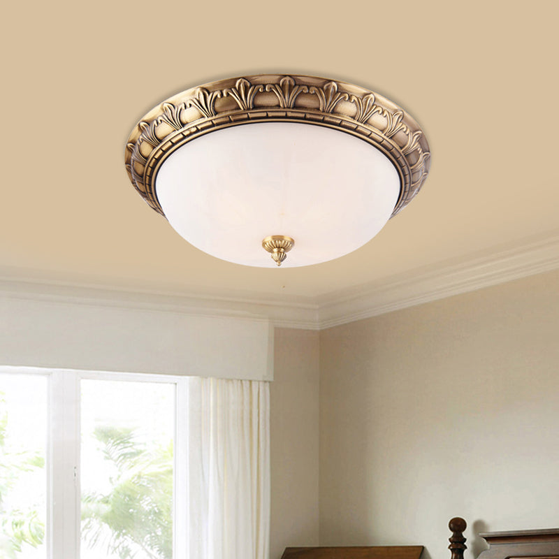 Colonial Style Brass Finish Flush Mount Ceiling Light 2/3/4 Heads White Frosted Glass 12/16/19.5
