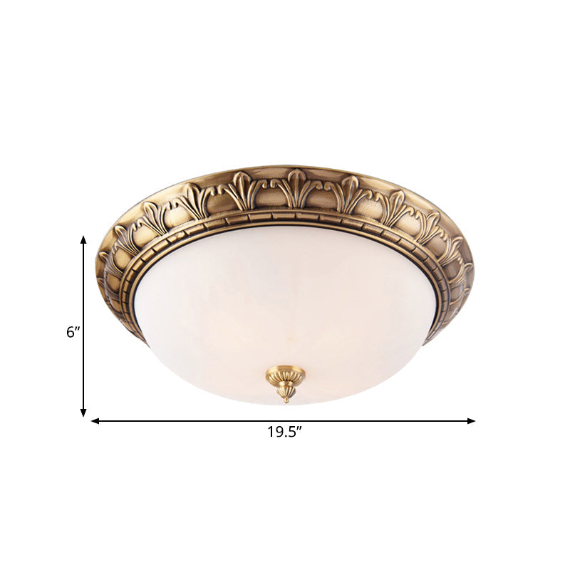 Colonial Style Brass Finish Flush Mount Ceiling Light 2/3/4 Heads White Frosted Glass 12/16/19.5