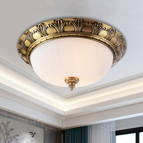 Colonial Style Brass Finish Flush Mount Ceiling Light 2/3/4 Heads White Frosted Glass 12/16/19.5