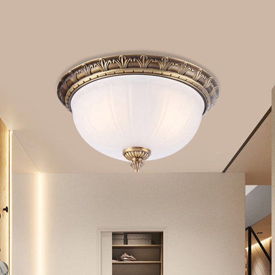 Colonial Style Brass Finish Flush Mount Ceiling Light 2/3/4 Heads White Frosted Glass 12/16/19.5
