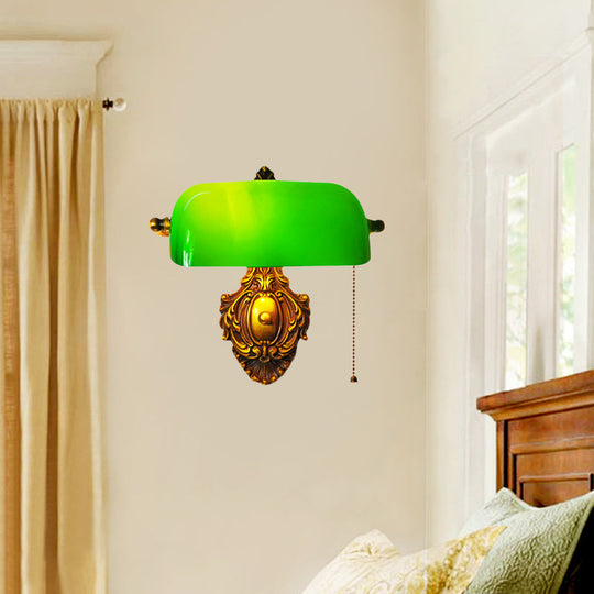 Retro Green Glass Wall Sconce With Pull Chain And Adjustable Joint For Bedroom