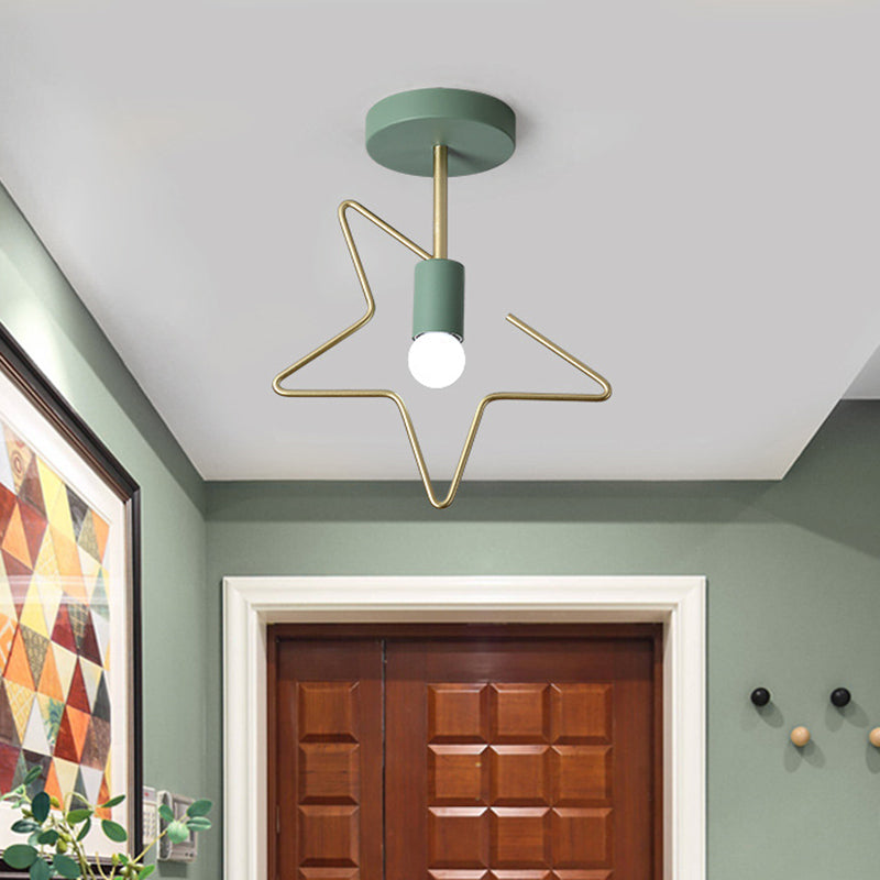 Semi Flush Macaron Iron Ceiling Light With Star/Loving Heart Frame - 1 - Light Grey/White/Green