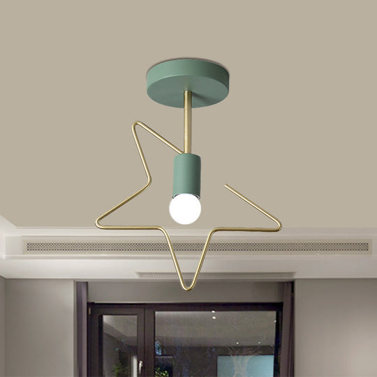 Semi Flush Macaron Iron Ceiling Light With Star/Loving Heart Frame - 1 - Light Grey/White/Green