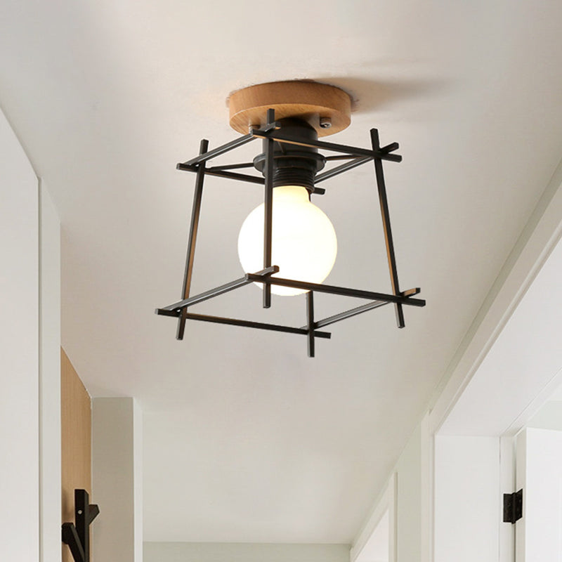Modern Black Flush Mount Ceiling Lamp With Circle Metal/Wood Canopy / Wood