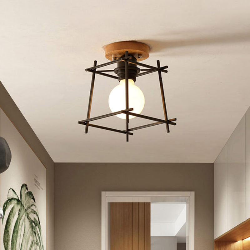 Modern Black Flush Mount Ceiling Lamp With Circle Metal/Wood Canopy