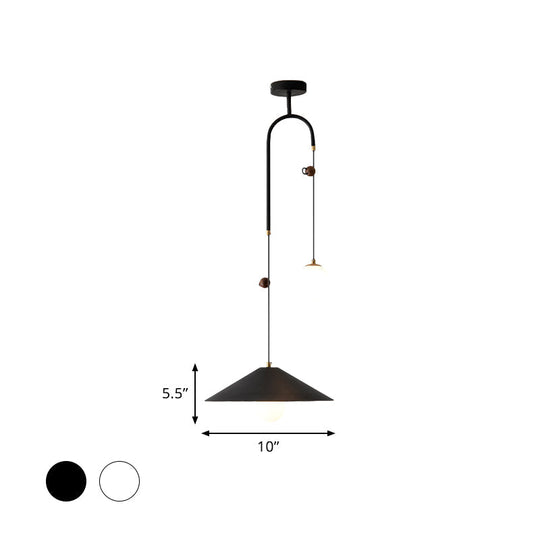 Opal Glass Multi Light Pendant Lamp With Iron Shade - Modern 2 Bulbs White/Black 10’/14’ Wide