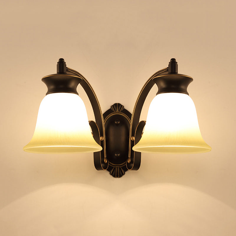Traditional Black Bell Wall Sconce With Opal Glass For Bedroom Lighting