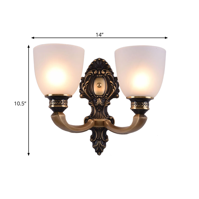Classic Style Dome Frosted Glass Wall Mount Light Fixture With Brass Finish - 1 Or 2 Head Bedroom