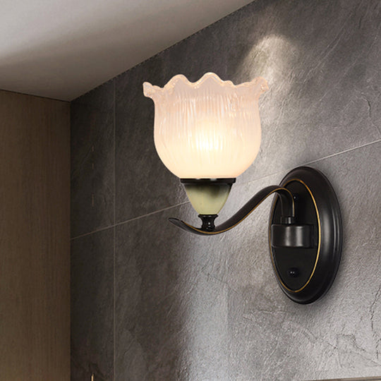 Black Ribbed Glass Flower Sconce Lamp - Countryside Lighting For Living Room Wall Mounted