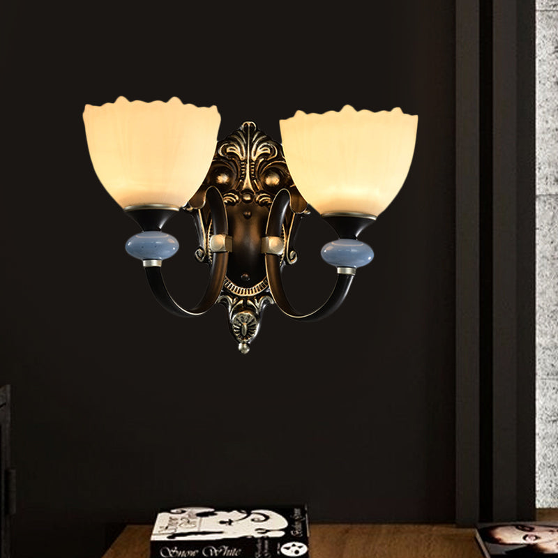Countryside Corridor Wall Lamp With Bowl Frosted Glass Shade - Black