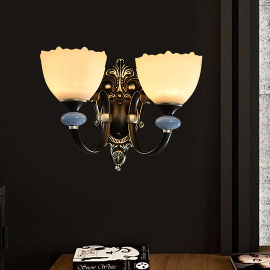 Countryside Corridor Wall Lamp With Bowl Frosted Glass Shade - Black