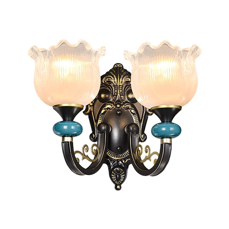 Clear Ribbed Glass Black Sconce Light - Countryside Wall Mounted Lamp With Curved Arm