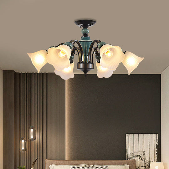 Rural Style Semi Flush Mount Light With Swooping Arm - Black Finish Ceiling Lighting For Living