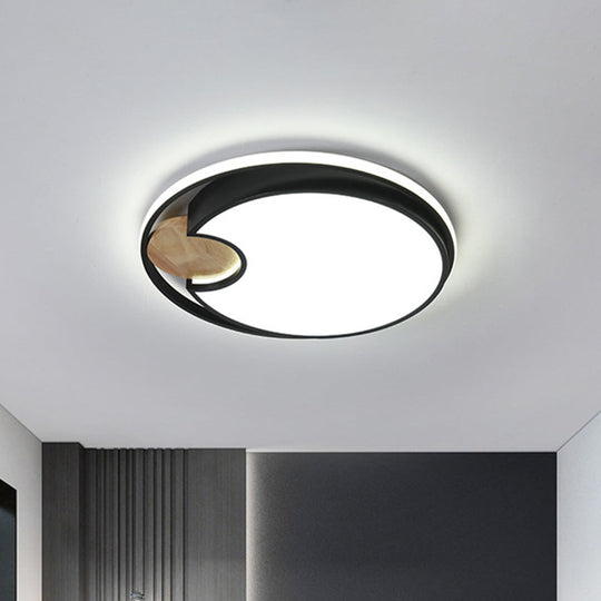 Sleek Black Led Ceiling Light With Wood Accent - Thin Round Acrylic Flush Mount