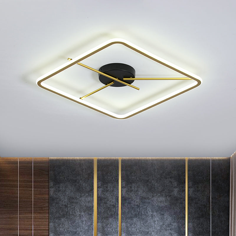 Minimalist Aluminum Flush Mount Ceiling Light With Square Black - Gold Frame And Rod Fixture Arm -