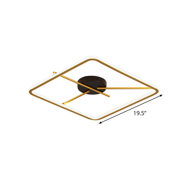 Minimalist Aluminum Flush Mount Ceiling Light With Square Black-Gold Frame And Rod Fixture Arm -