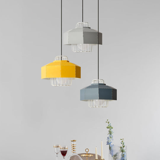 Macaron Faceted Barn Shaped Pendant Light - Iron 3 Heads Black Canopy Living Room Multi-Hanging