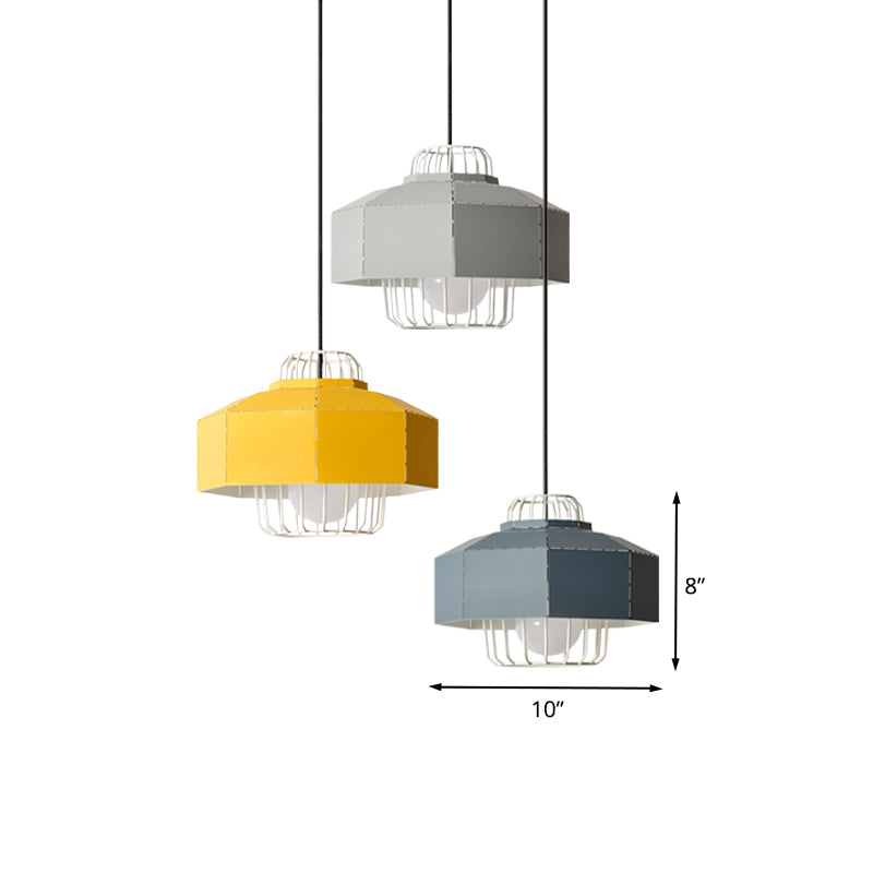 Macaron Faceted Barn Shaped Pendant Light - Iron 3 Heads Black Canopy Living Room Multi-Hanging