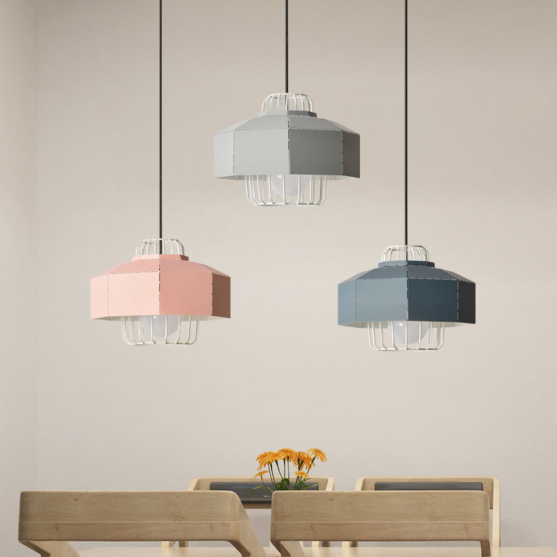 Macaron Faceted Barn Shaped Pendant Light - Iron 3 Heads Black Canopy Living Room Multi-Hanging