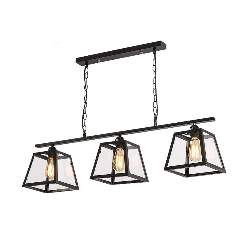 Countryside Clear Glass Island Pendant Light With Black Frame - 3 Bulbs