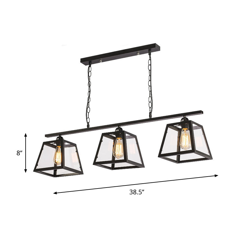 Countryside Clear Glass Island Pendant Light With Black Frame - 3 Bulbs
