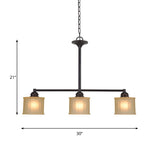 Traditional 3-Head Island Light In Tan Glass & Black Drum Design For Dining Room