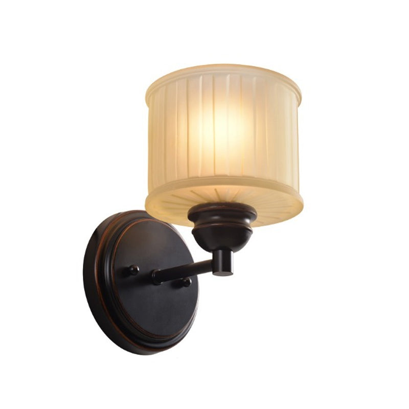 Small Drum Sconce Lighting - Country Style Wall Mounted Lamp With Black Finish And Tan Glass