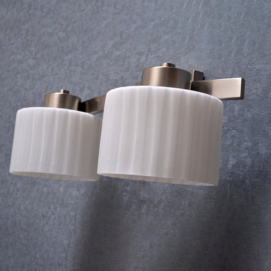 Modern White Ribbed Glass Nickel Sconce Light Fixture - 2-Head Wall Mounted Lamp