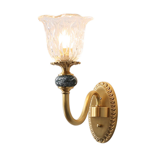 Contemporary Flower Wall Sconce - Clear Glass Lamp In Brass Finish