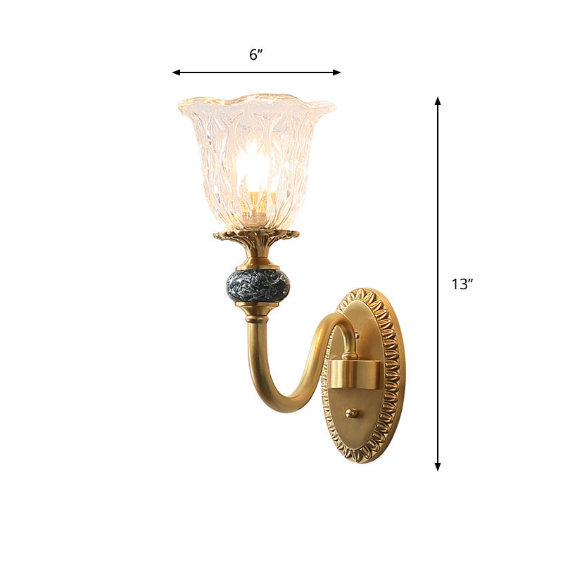 Contemporary Flower Wall Sconce - Clear Glass Lamp In Brass Finish