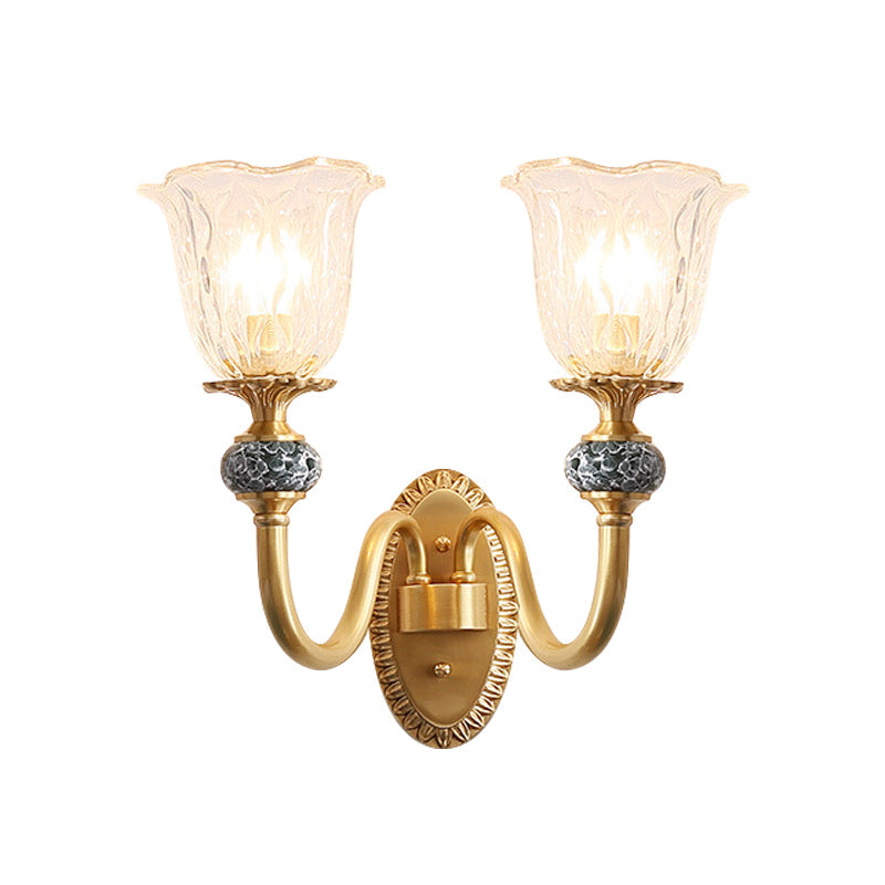 Contemporary Flower Wall Sconce - Clear Glass Lamp In Brass Finish