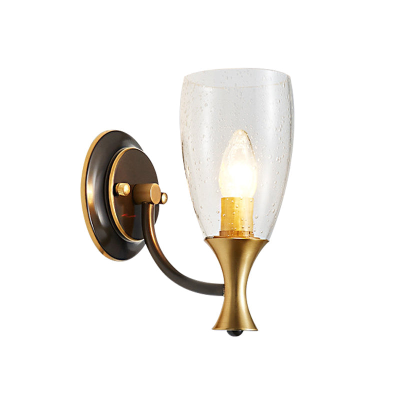 Vintage Brass Wall Light Fixture With Clear Seeded Glass Conical Design