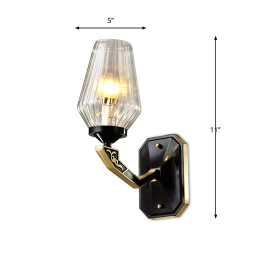 Traditional Diamond Clear Ribbed Glass Up Wall Light Fixture - Black | 1 Head Mount Lamp