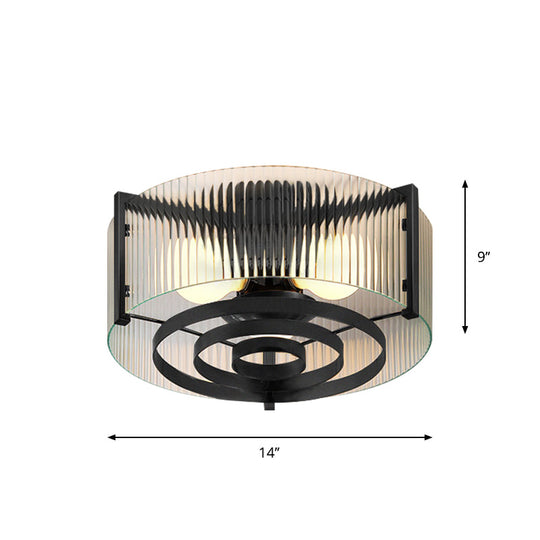Modernist Black Glass Round Flushmount - Clear Trellis/Stripe 3 Bulbs Bedroom Flush Mounted Light
